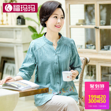 福玛玛衣服中老年女装纯棉夏季中袖衬衫妈妈夏装新款短袖衬衣上衣商品大图