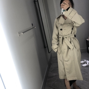 双排扣风衣HMZQRQ女装2019秋装新款中长款宽松绑带外套女0803014