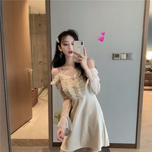 夏网红chic拼接网纱V领吊带裙连衣裙仙女超仙 连衣裙2019新款 甜美