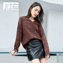 【新品8折】对白彩点V领酒红色毛衣2018秋装女新款chic韩范上衣服图片