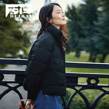 【新品7折】对白立领面包式棉衣女宽松保暖短款外套纯色开衩棉服图片