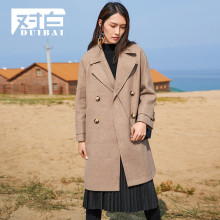 【新品7折】对白双排扣翻领宽松呢大衣女新款chic韩范毛呢外套冬图片