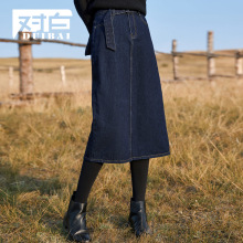 【杜鹃同款】对白中长款牛仔半身裙女冬2018新款腰带chic复古裙子图片