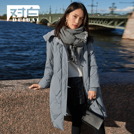 【8折上新价527.9元 补贴132】对白白鸭绒连帽羽绒服女中长款外套商品大图