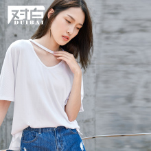 对白短袖T恤女2018夏季新款V领镂空连身袖简约露锁骨小心机上衣服图片