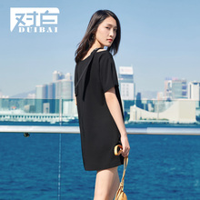 对白露肩连衣裙女2018夏装新款女装纯色V领开叉微弹直筒短袖裙子图片