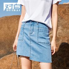 对白牛仔A字半身裙女夏装2018新款短裙不对称拼接浅色简约裙子图片