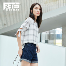 对白格纹衬衫女2018夏季新款衬衣袖口飘带宽松别致简约格子上衣图片