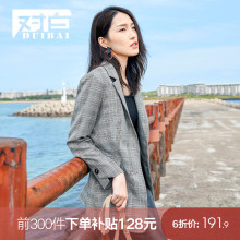 对白格子西装外套女秋2018新款别致开叉通勤简约经典复古格纹上衣图片