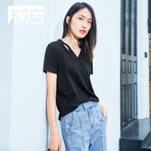 对白纯色心机V领镂空T恤女短袖2018新款夏装时尚休闲棉质基础上衣图片