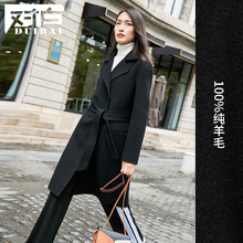 对白100%羊毛双面呢大衣女 2018冬装新款 黑色中长款翻领毛呢外套图片