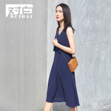 对白假两件A字雪纺连衣裙女2018夏季新款潮V领开叉透视气质裙子图片
