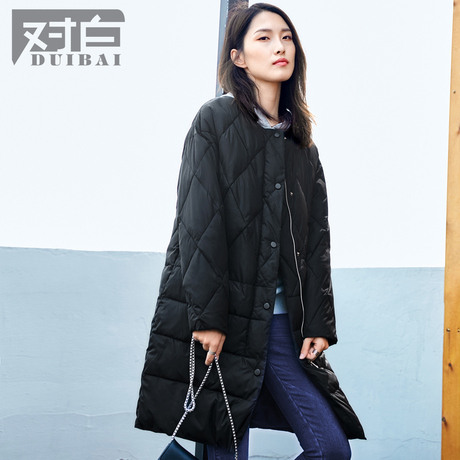 对白中长款圆领直筒棉服女 2018冬装新款 休闲简约长袖棉衣外套商品大图