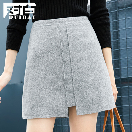 对白简约毛呢A字裙半身裙女2018秋冬新款 时尚休闲纯色短裙子商品大图