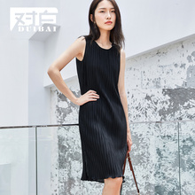 对白无袖连衣裙女夏装2018新款压皱优雅开叉简约气质chic小黑裙子图片