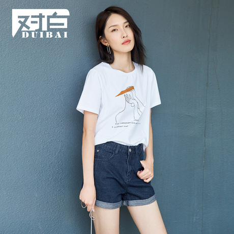 对白短袖T恤女2018夏季新款个性手绘印花时尚韩范简约打底上衣棉商品大图