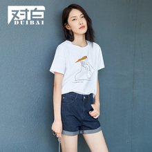 对白短袖T恤女2018夏季新款个性手绘印花时尚韩范简约打底上衣棉图片