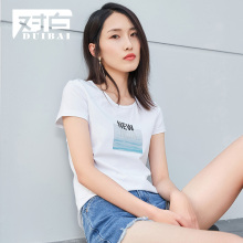 对白字母印花短袖T恤女2018夏新款女装弹力基础圆领简约休闲上衣图片