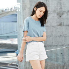 对白袖口拼接短袖T恤女2018夏装新款纯色简约棉质圆领休闲上衣服图片