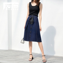 对白牛仔半身裙女中长款绑带一片式扣子A字裙2018夏装新款复古裙图片