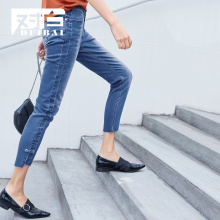 对白个性拼接毛边水洗牛仔裤女2018夏季新款时尚紧身小脚九分裤子图片