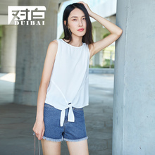 对白2018新款时尚系带无袖雪纺衫女夏个性设计通勤简约OL打底上衣图片