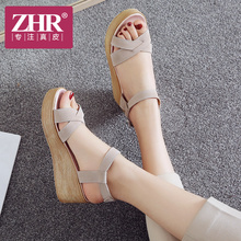 一字扣平底休闲鞋 真皮坡跟女鞋 厚底松糕凉鞋 韩版 ZHR2018夏季新品