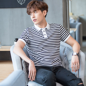 唐狮2017夏季新品细条纹polo衫短袖男士翻领潮保罗小清新舒适文艺