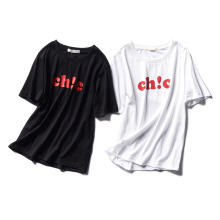 唐狮2018夏装新款T恤 女款韩版宽松CHIC圆领净色印花字母短袖T恤图片