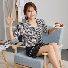 唐狮衬衣女2018新款短袖韩版黑白格子衬衫chic设计感学生上衣9.20图片