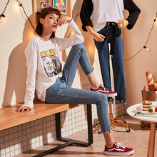 唐狮牛仔裤女春秋2018新款韩版显瘦九分裤紧身小脚裤黑色9.18图片