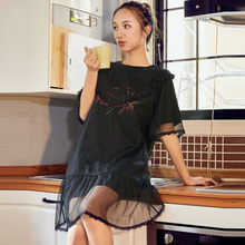 唐狮2018夏装新款连衣裙女宽松网纱假两件套裙子sukol裙 少女黑图片