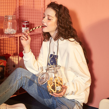 唐狮卫衣2018新款女长袖慵懒风卫衣女薄款韩版宽松白色卫衣女连帽图片
