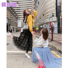 韩语琳秋冬裙子2018新款女装韩版高腰显瘦网纱黑色中长裙半身裙女图片