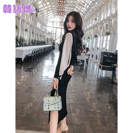 韩语琳韩版新款女装2018秋冬长袖裙子高腰显瘦雪纺连衣裙包臀长裙商品大图