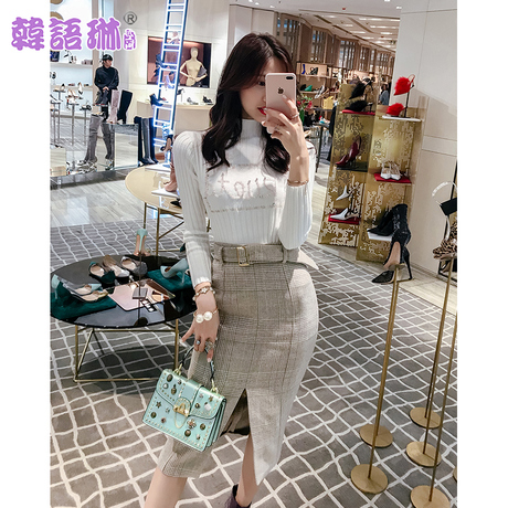 韩语琳秋冬2018韩版女装高腰中长裙子修身开衩系带包臀裙半身裙女商品大图