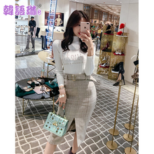韩语琳秋冬2018韩版女装高腰中长裙子修身开衩系带包臀裙半身裙女图片