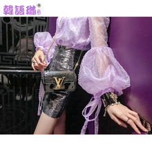 韩语琳新款上衣女2019春夏韩版长袖性感小衫修身灯笼袖网纱打底衫
