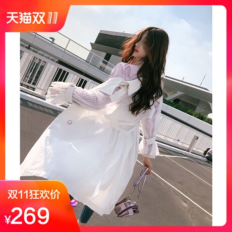 韩语琳秋冬新款外套2018韩版女装翻领长袖网纱拼接中长款宽松风衣商品大图