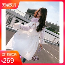 韩语琳秋冬新款外套2018韩版女装翻领长袖网纱拼接中长款宽松风衣图片