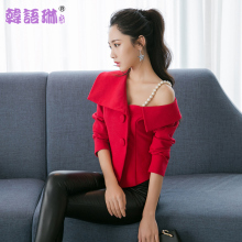 韩语琳空间秋装2018韩版女装性感露肩不对称修身珍珠吊带小外套女图片