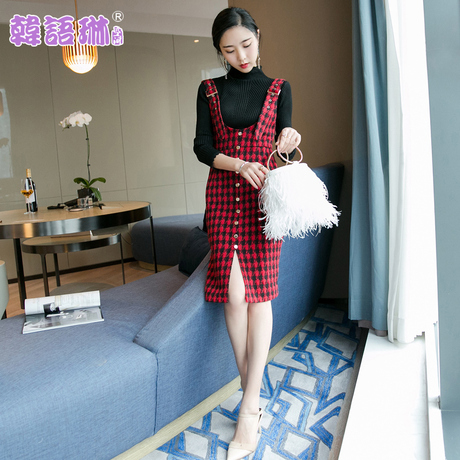 韩语琳空间秋装女2018韩版气质修身开衩格子裙子毛呢背带连衣裙冬商品大图