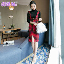 韩语琳空间秋装女2018韩版气质修身开衩格子裙子毛呢背带连衣裙冬图片