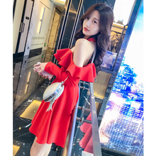 韩语琳秋装性感露肩裙子2018新款女装韩版长袖红色网纱连衣裙短裙图片
