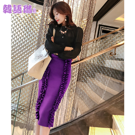 韩语琳秋装女2018新款韩版木耳边包臀半身裙中长款高腰修身裙子女商品大图