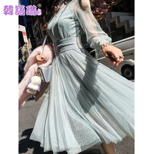 韩语琳秋季性感裙子2018新款女装韩版高腰显瘦长袖网纱连衣裙长裙图片