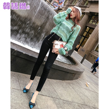 韩语琳新款秋装裤子2018韩版修身女装牛仔裤高腰显瘦小脚裤长裤潮图片