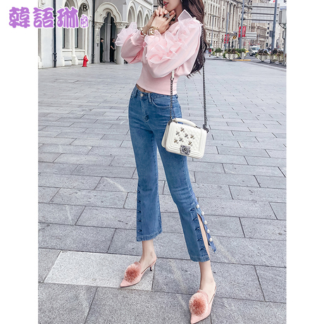 韩语琳秋装裤子2018新款女装韩版高腰时尚修身牛仔裤休闲裤九分裤商品大图