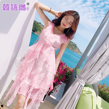韩语琳空间夏季2018新款女装v领性感无袖蕾丝拼接连衣裙女短裙子图片