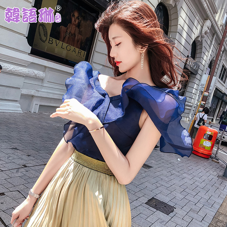 韩语琳夏装2018新款女装韩版性感V领露肩上衣荷叶边修身衬衫女潮商品大图